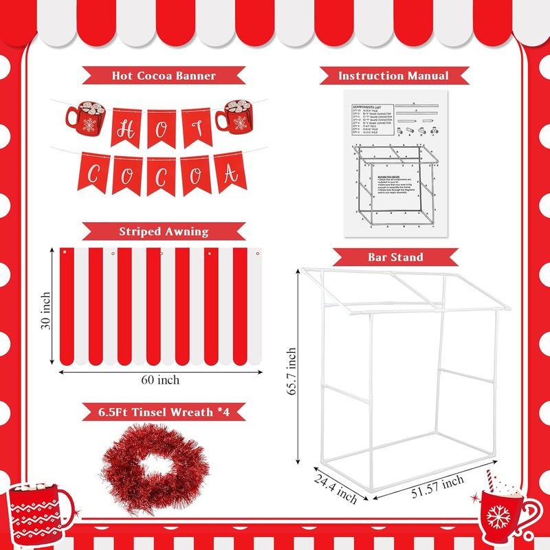 Chunm Hot Cocoa Stand Bar Kit Hot Chocolate Bar with 1 Set Cocoa Stand 1 Red White Striped Sunshade Cloth 4 Red Tinsel 2 Banner Sign for Winter Christmas Holiday Party Supplies - Image 2